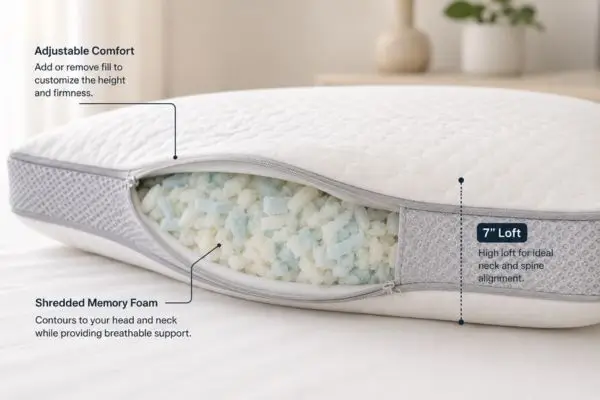 Adjustable high loft pillow for side sleepers with broad shoulders

