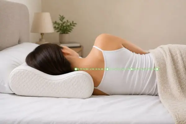 Side profile of a cervical pillow demonstrating contoured neck support

