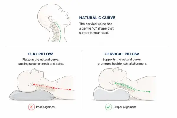 Illustration of cervical spine curve supported by cervical pillow

