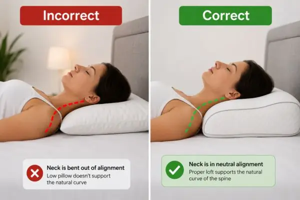 Correct pillow alignment preventing neck pain after sleeping wrong

