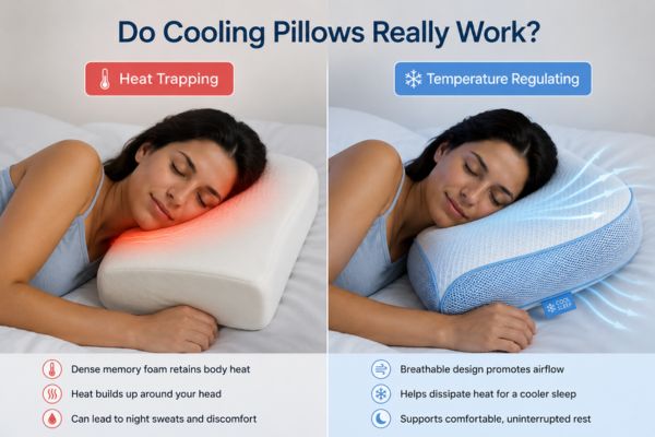 Comparison showing how cooling pillows regulate temperature better than regular pillows

