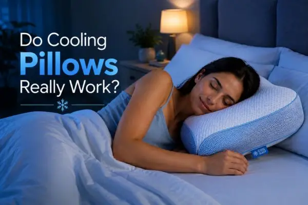 Person sleeping comfortably using a cooling pillow to reduce overheating
