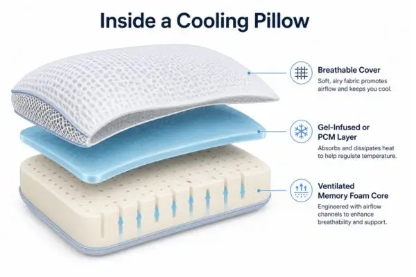 Layer diagram explaining how cooling pillows work with gel and ventilation

