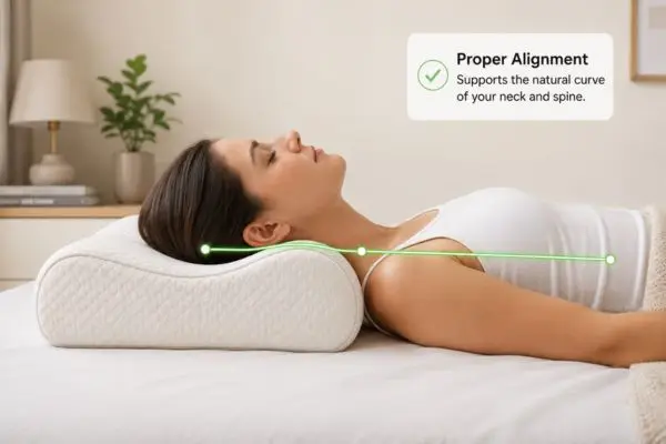 Back sleeper using cervical pillow for proper neck alignment

