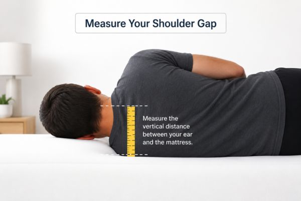 Measuring shoulder gap to find best pillow for side sleepers with broad shoulders
