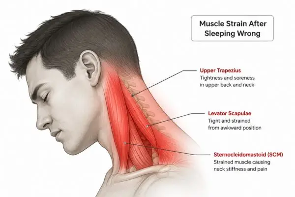 Neck muscle strain illustration explaining why neck hurts after sleeping wrong

