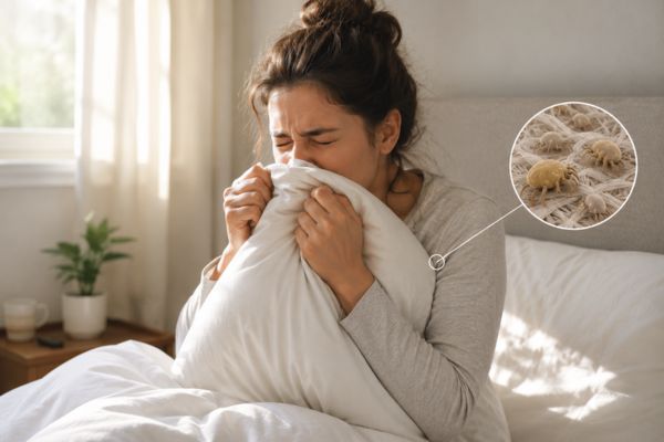 Old pillow causing allergy symptoms and morning congestion


