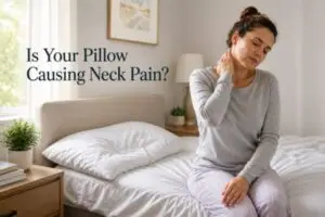 Person waking up with pillow causing neck pain in bedroom