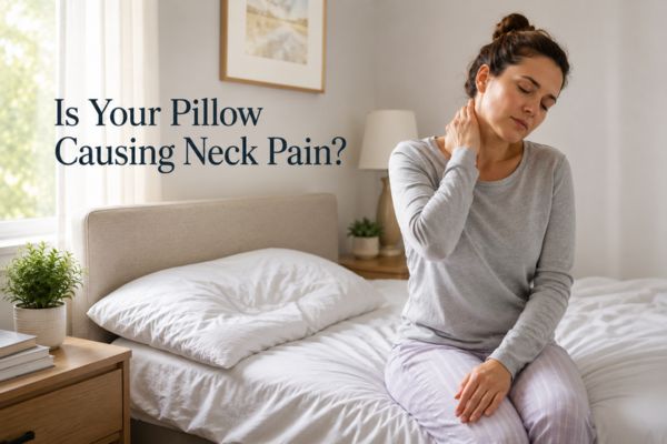 Person waking up with pillow causing neck pain in bedroom

