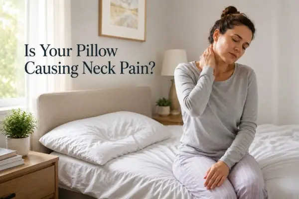 Person waking up with pillow causing neck pain in bedroom
