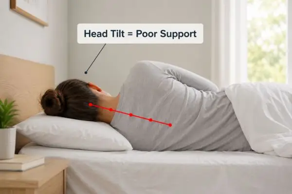 Flat pillow causing neck pain due to poor side sleeping alignment

