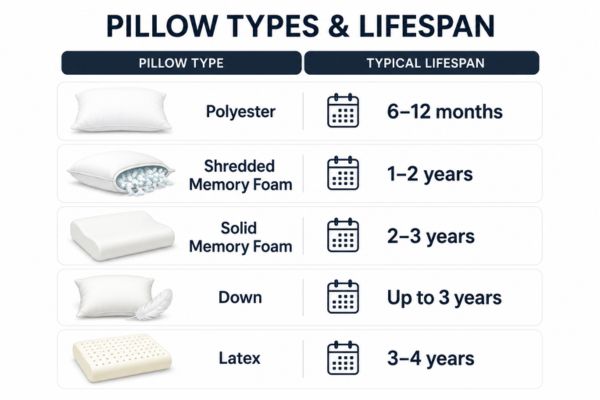 Infographic showing how often to replace different types of pillows

