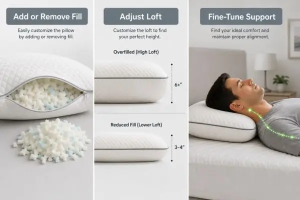 Adjustable pillow showing removable fill and customizable loft for back sleepers

