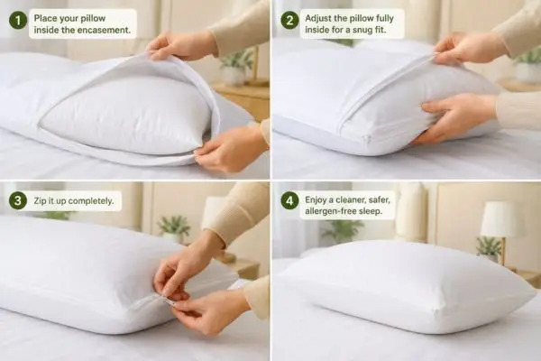 Zippered pillow encasement protecting the best pillow for allergies from dust mites

