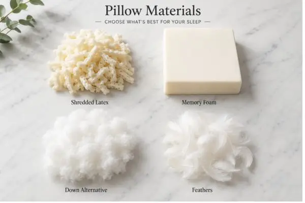 Flat lay comparison of latex, memory foam, down alternative, and feather pillow materials

