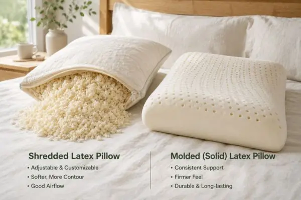 Comparison of Avocado Green shredded pillow and molded latex pillow

