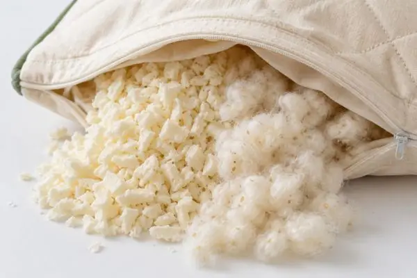 Close-up of shredded latex and kapok fill inside Avocado pillow

