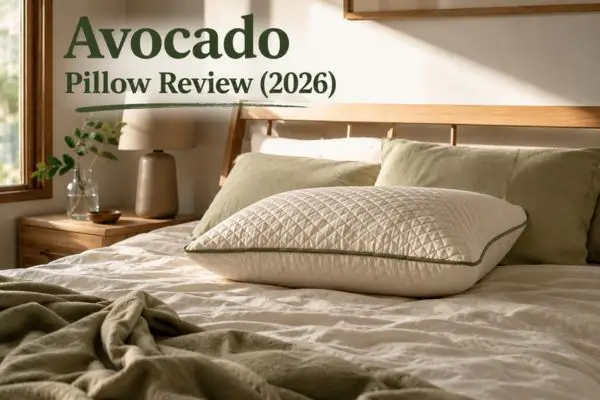 Avocado Green Pillow on organic cotton bedding in bright natural light