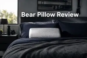 Bear pillow displayed on modern bed with cooling athletic aesthetic