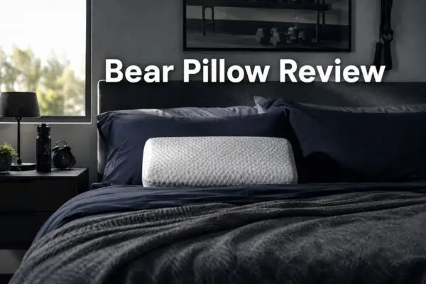 Bear pillow displayed on modern bed with cooling athletic aesthetic