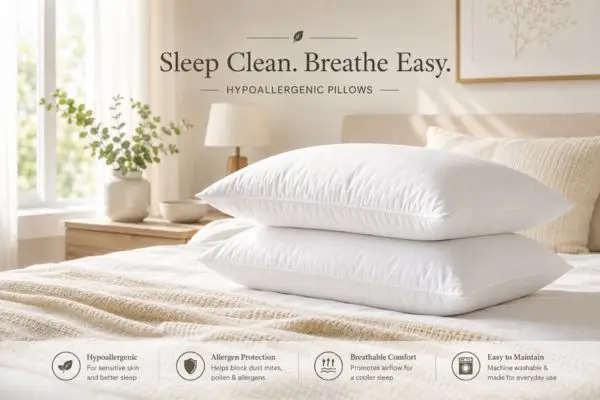 Bright white bedroom featuring hypoallergenic pillows designed for allergy relief

