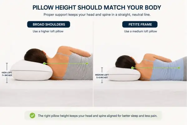 Broad and petite side sleepers using different pillow loft heights

