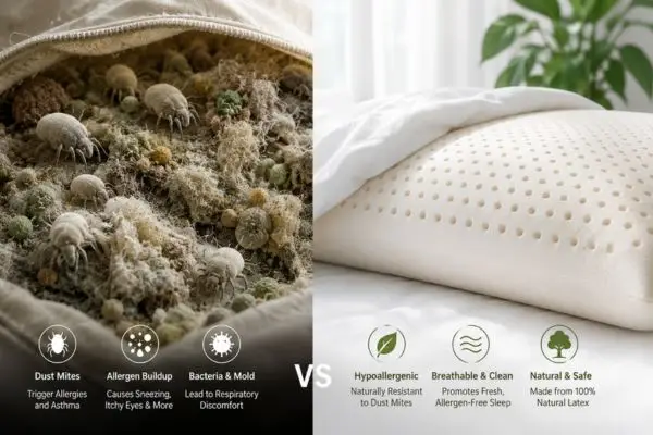 Comparison showing dust mites inside an old pillow versus a clean hypoallergenic pillow

