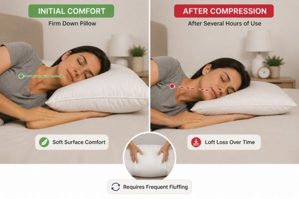 Firm down pillow showing initial support and loft loss over time for side sleepers

