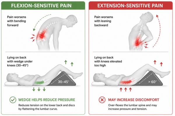 “Wedge pillows help flexion-sensitive lower back pain but may aggravate extension-sensitive pain patterns.”
