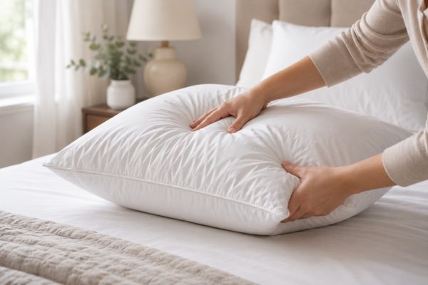 My Honest Saatva Pillow Review (After 60 Nights of Real Sleep Testing) 3 Hands fluffing Saatva pillow to restore loft and softness