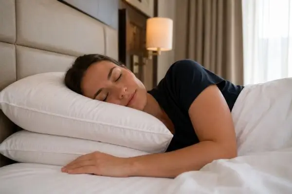 Best Hotel Pillows for Side Sleepers (2026 Guide + Real Testing) 2 Side sleeper using high-loft hotel pillow for spinal alignment