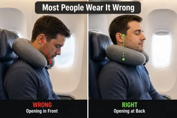 Correct vs incorrect way to use a travel neck pillow for neck support