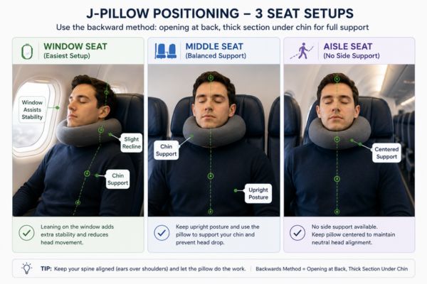 How to use a travel neck pillow correctly in window, middle, and aisle airplane seats

