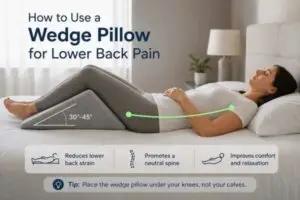Correct positioning of wedge pillow under knees for lower back pain relief