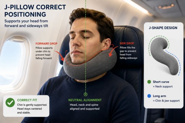 J-shaped travel neck pillow positioned correctly with chin and neck support


