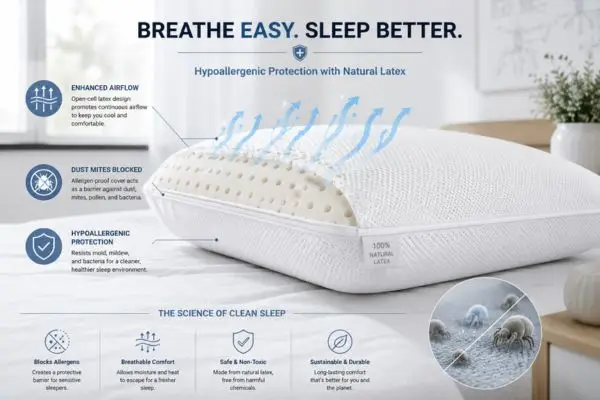 Illustration showing airflow and dust mite protection inside a latex allergy pillow

