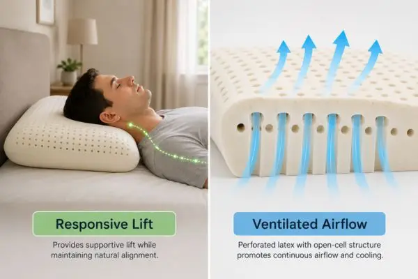 Latex pillow showing responsive support and ventilated airflow for back sleepers

