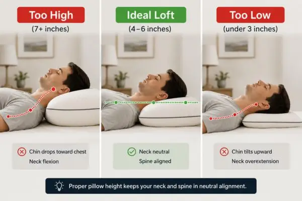 Correct and incorrect pillow loft comparison for back sleepers

