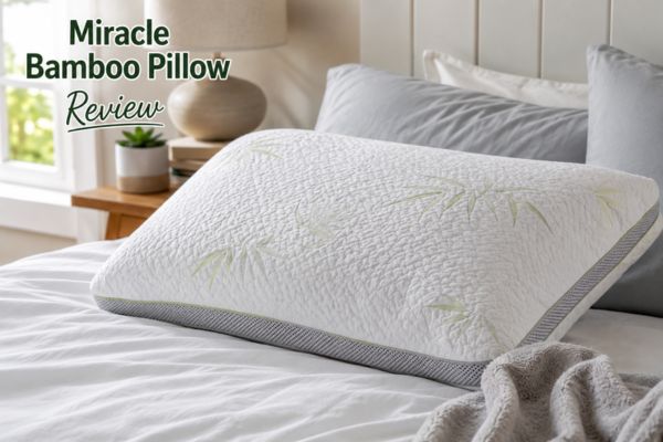 Miracle Bamboo pillow review on a neatly made bed in natural light

