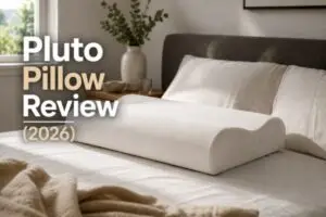 Custom Pluto pillow review displayed on modern bed in natural light