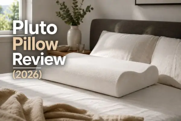 Custom Pluto pillow review displayed on modern bed in natural light