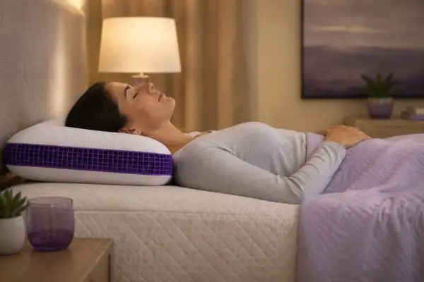 Back sleeper using Purple Pillow with proper neck alignment

