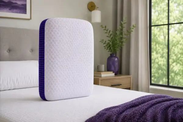 Purple Pillow standing upright to demonstrate firm structure

