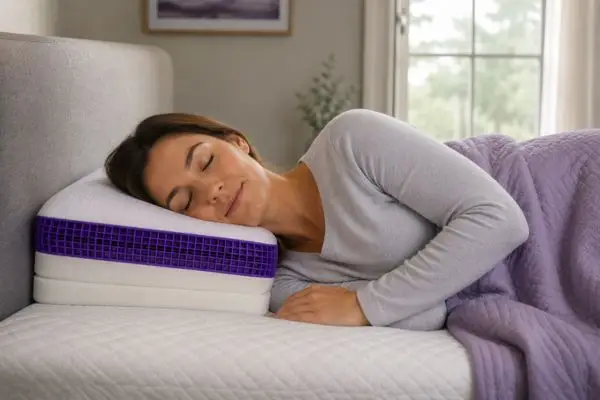 Side sleeper using Purple Pillow with height boosters added

