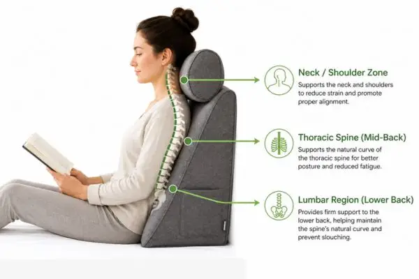 Spinal support zones provided by reading pillow for back sleepers

