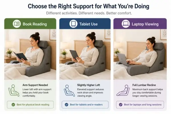 Reading pillow use cases for books tablets and laptops in bed

