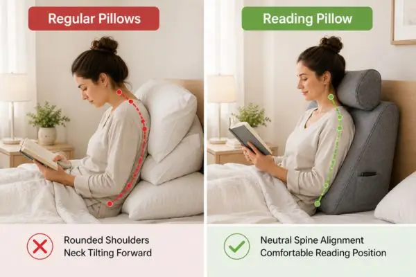 Comparison of poor posture vs correct posture using reading pillow in bed

