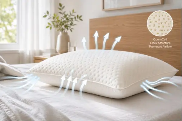My Honest Saatva Pillow Review (After 60 Nights of Real Sleep Testing) 5 Saatva pillow demonstrating breathable latex core and airflow for cooler sleep