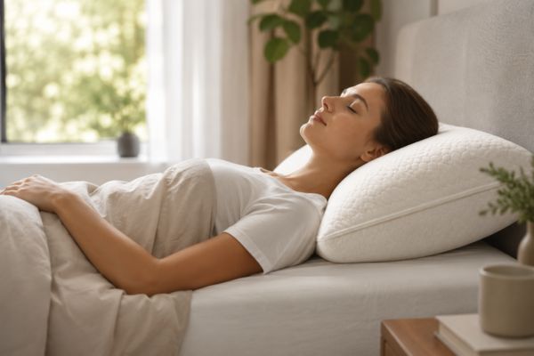 My Honest Saatva Pillow Review (After 60 Nights of Real Sleep Testing) 4 Back sleeper resting comfortably on Saatva latex pillow with proper neck alignment