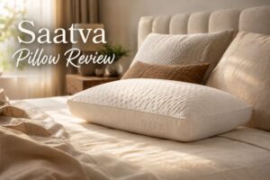 Saatva latex pillow on a luxury bed in bright natural morning light